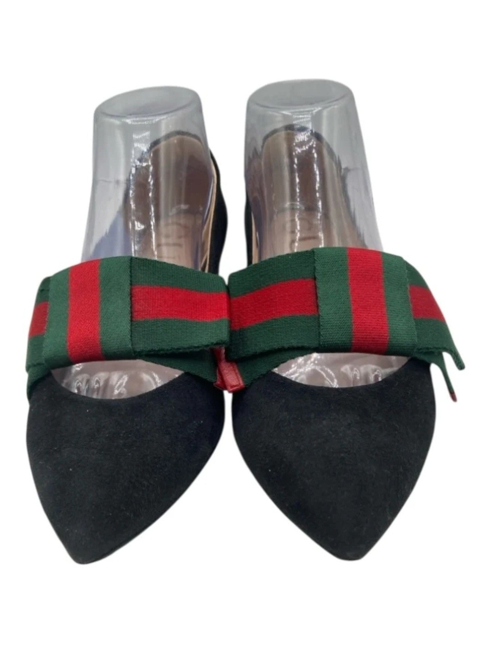 Gucci Web Black Pointed Suede Toe Flats with Green & Red Bow - Picture 7 of 9